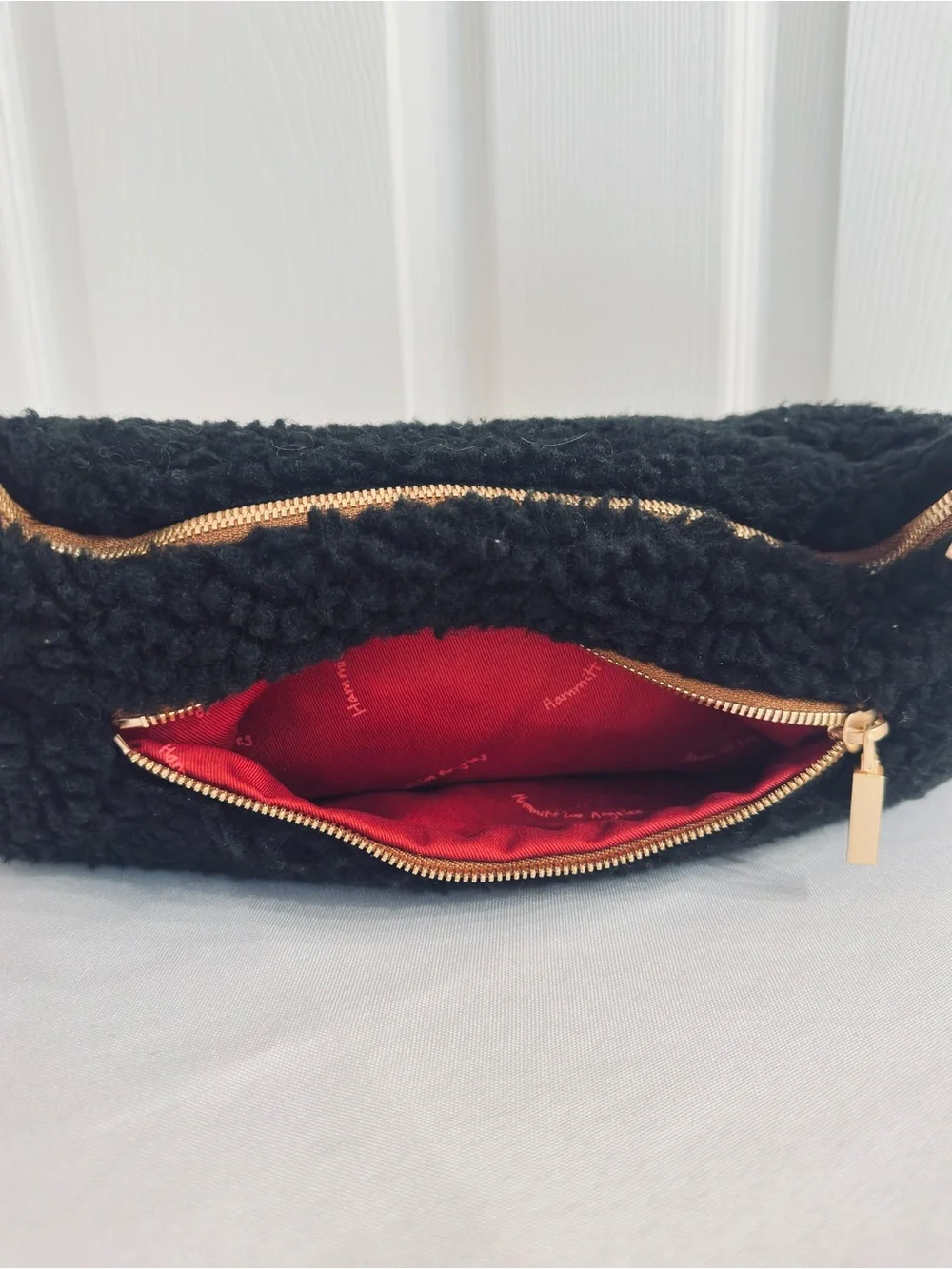 HAMMITT ~ Black Sherpa Shoulder Bag with Gold Hardware and Red Monogram Interior